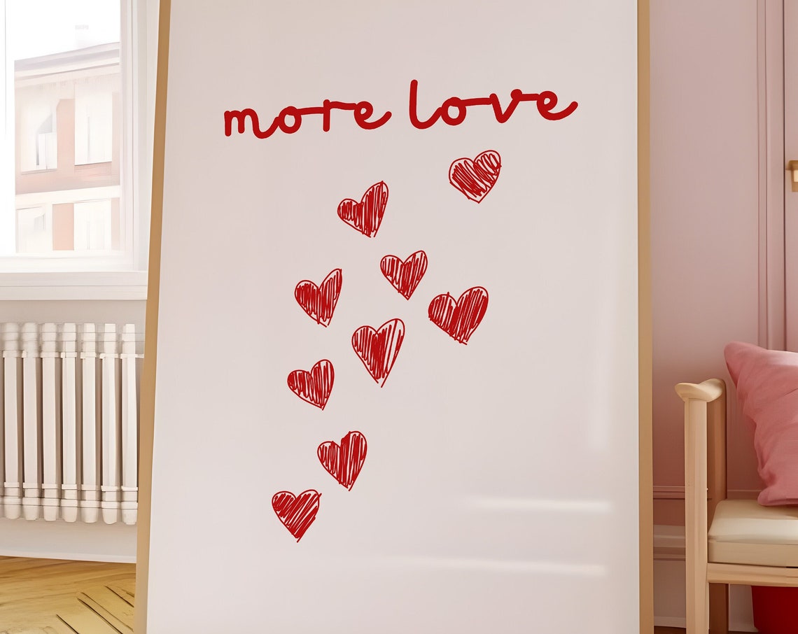 More Love Red Scribble Hearts Minimalist Girly Room Decor Poster