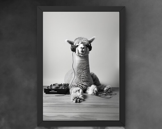 Funny Alpaca DJ with Headphones Beside a Music Mixer Deck Poster