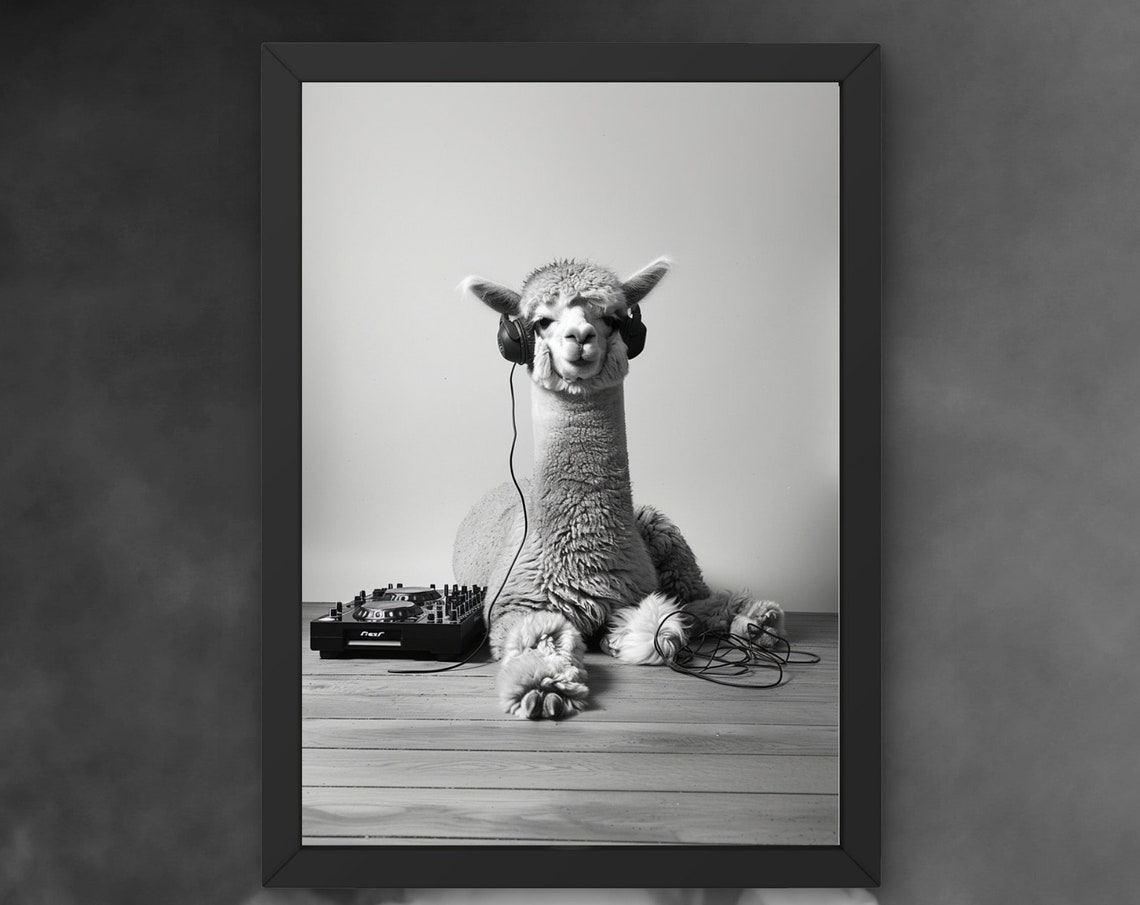 Funny Alpaca DJ with Headphones Beside a Music Mixer Deck Poster