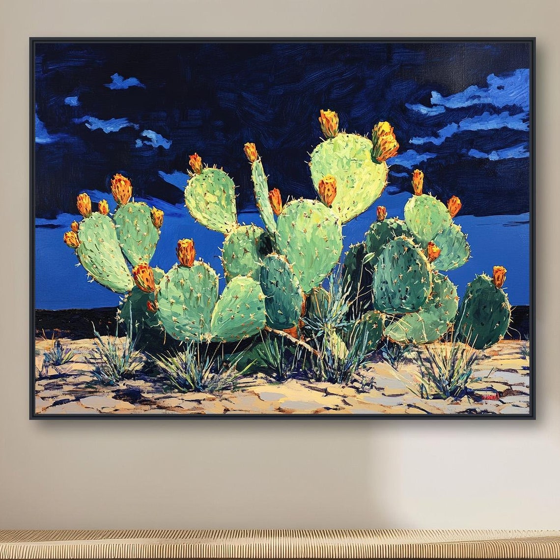 Midnight Prickly Pear Cactus Desert Night Sky Southwestern Art Poster