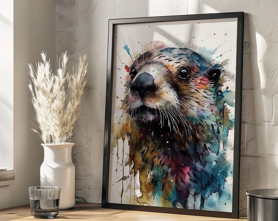 Otter Portrait Colorful Watercolor Art Playful Face Splash Poster