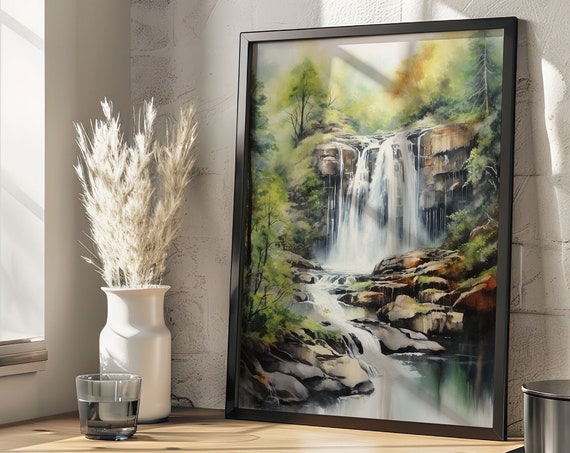 Forest Waterfall Painting Wall Art Poster Gift Watercolor Colorful Painting Illustration Nature Minimalist Decor Farm House