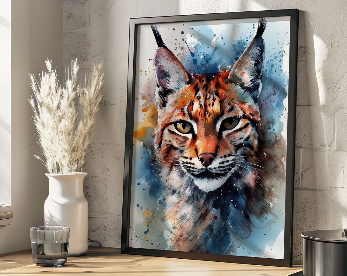 Lynx Wild Cat Face Watercolor Splash Feline Portrait Art Poster