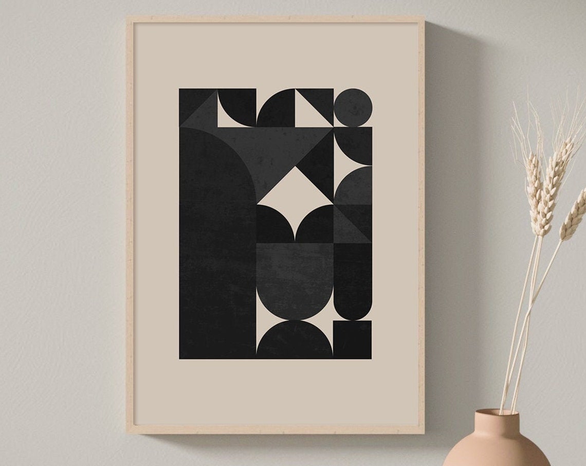Black Geometric Bauhaus Style Composition on Beige Modern Art Poster