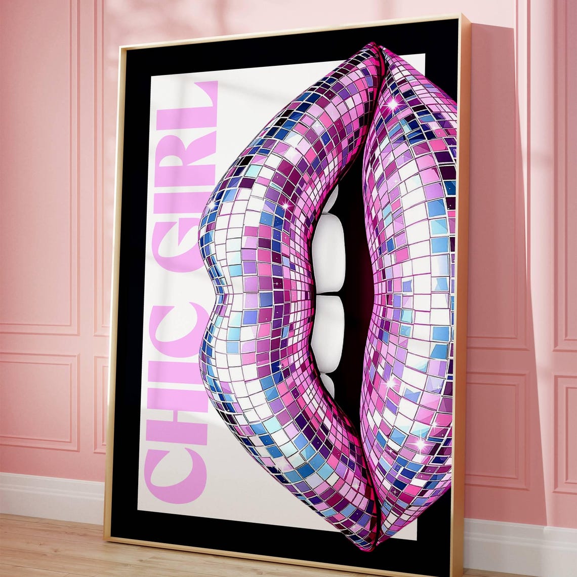 Chic Girl Disco Ball Lips Poster for Trendy Pink Apartment Decor