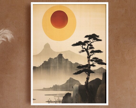 Japanese Sunrise over Mountains with Pine Tree Japandi Poster