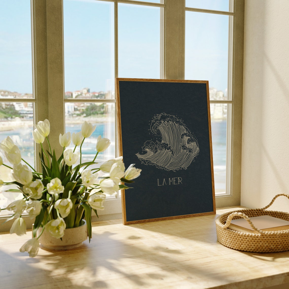 La Mer Minimalist Ocean Wave Line Art Navy French Beach Poster - Image 2