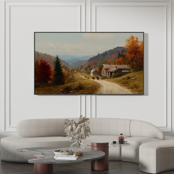 Autumn Village Oil Painting Rustic Farm Landscape Decor Poster