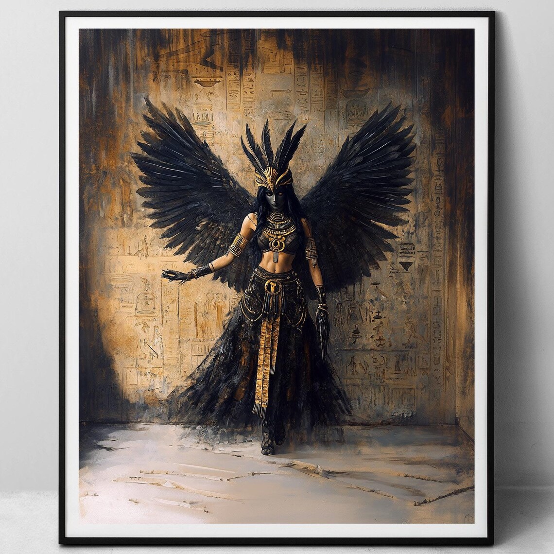 Maat Egyptian Goddess Black Wings Ancient Gold Oil Art Print