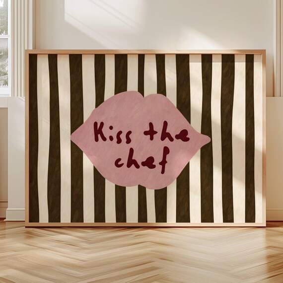 Kiss The Chef Pink Lips Striped Retro Funny Kitchen Typography Wall Poster