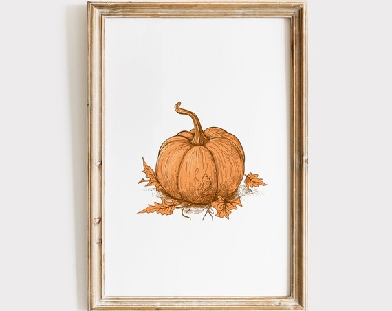 Vintage Orange Pumpkin Illustration With Leaves Fall Autumn Wall Poster