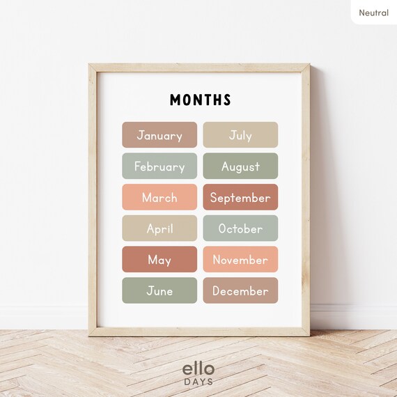 Months Of The Year Chart Neutral Tones Kids Classroom Poster
