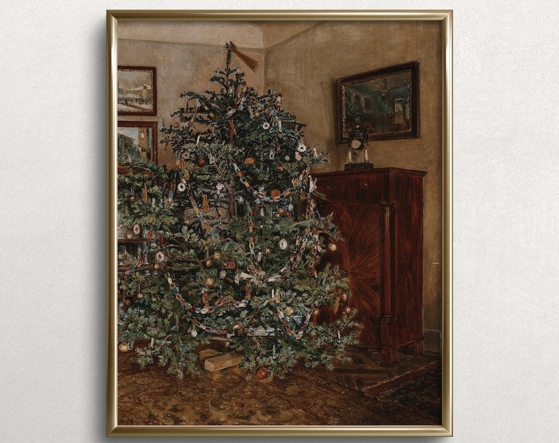 Merry Christmas Tree, Vintage Christmas Eve Art Print