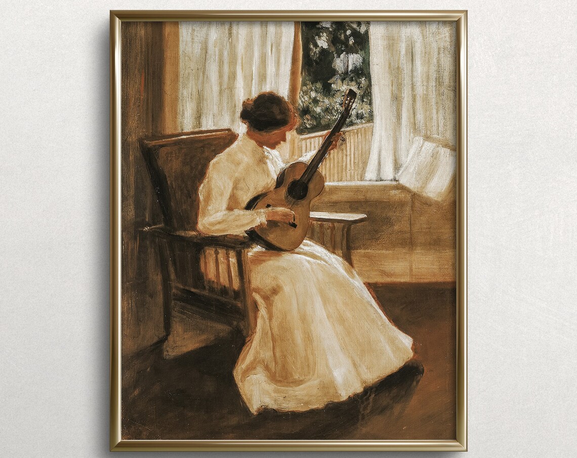 Woman Playing Guitar Window Vintage Portrait Warm Neutral Art Poster