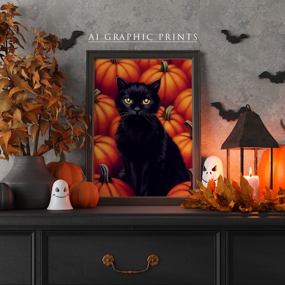 Black Cat Pumpkin Halloween Poster Print
