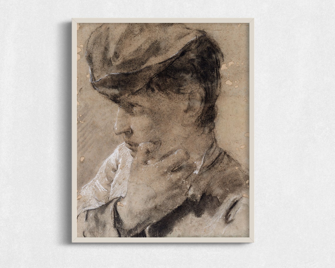 Sepia Chalk Sketch Young Man Cap Chin In Hand Old Master Study Poster