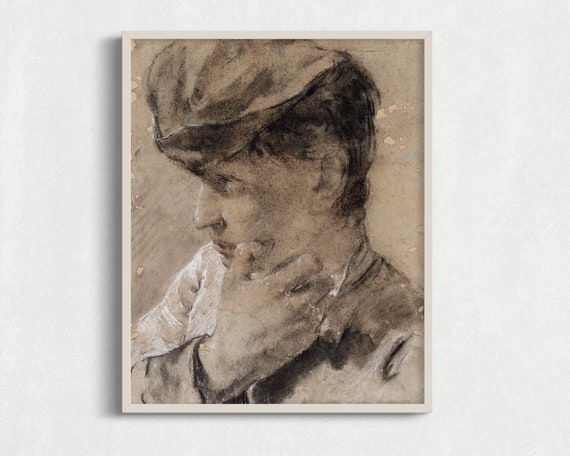 Vintage Portrait Sketch Of Young Man Neutral Wall Art Antique Portrait Vintage Drawing Of Boy