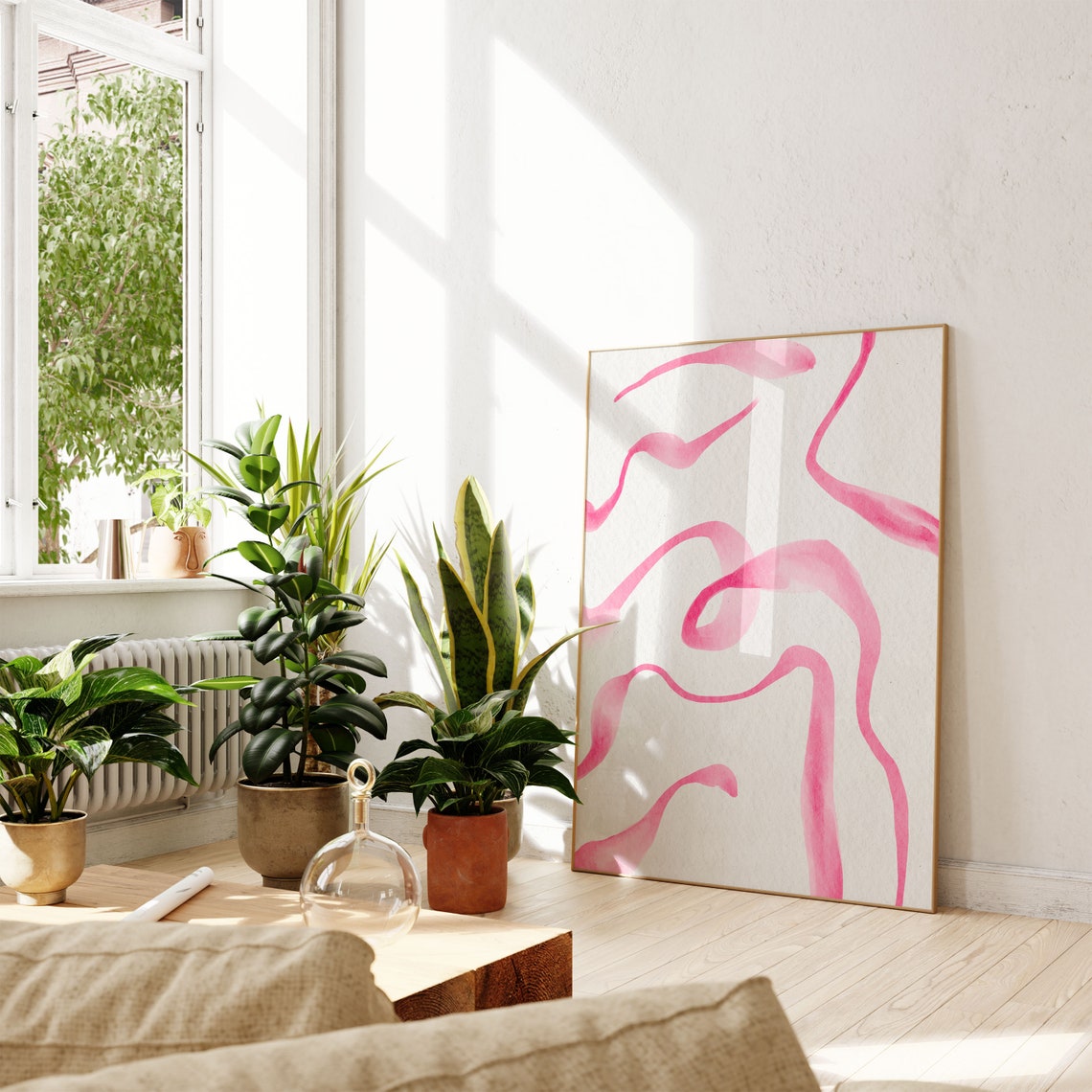 Pink Watercolor Squiggle Lines Minimalist Modern Abstract Print