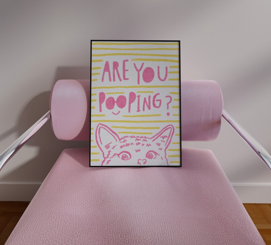Are You Pooping Funny Cat Bathroom Hand Drawn Pink Stripes Poster