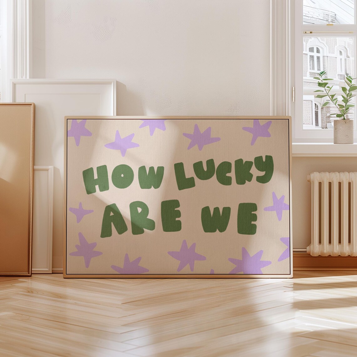 How Lucky Are We Green Hand Drawn Typography Purple Stars Wall Art