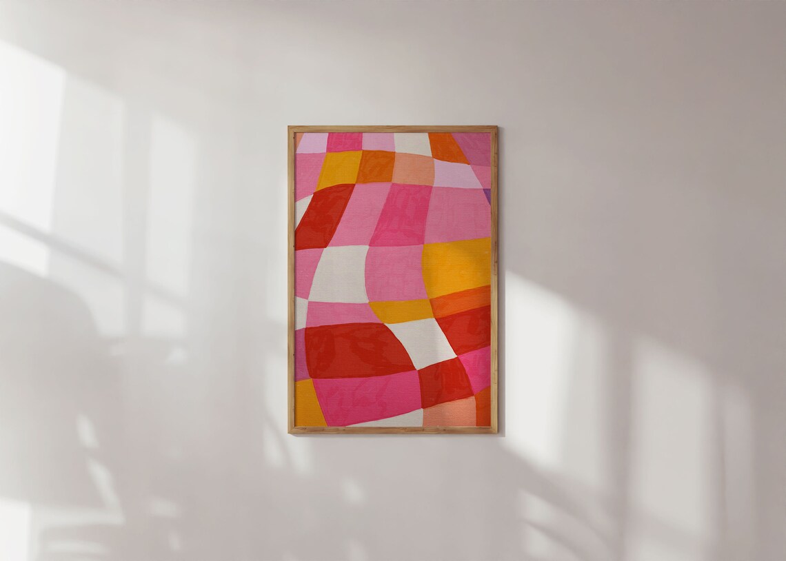 Pink Distorted Checkerboard Abstract Geometric Art Print