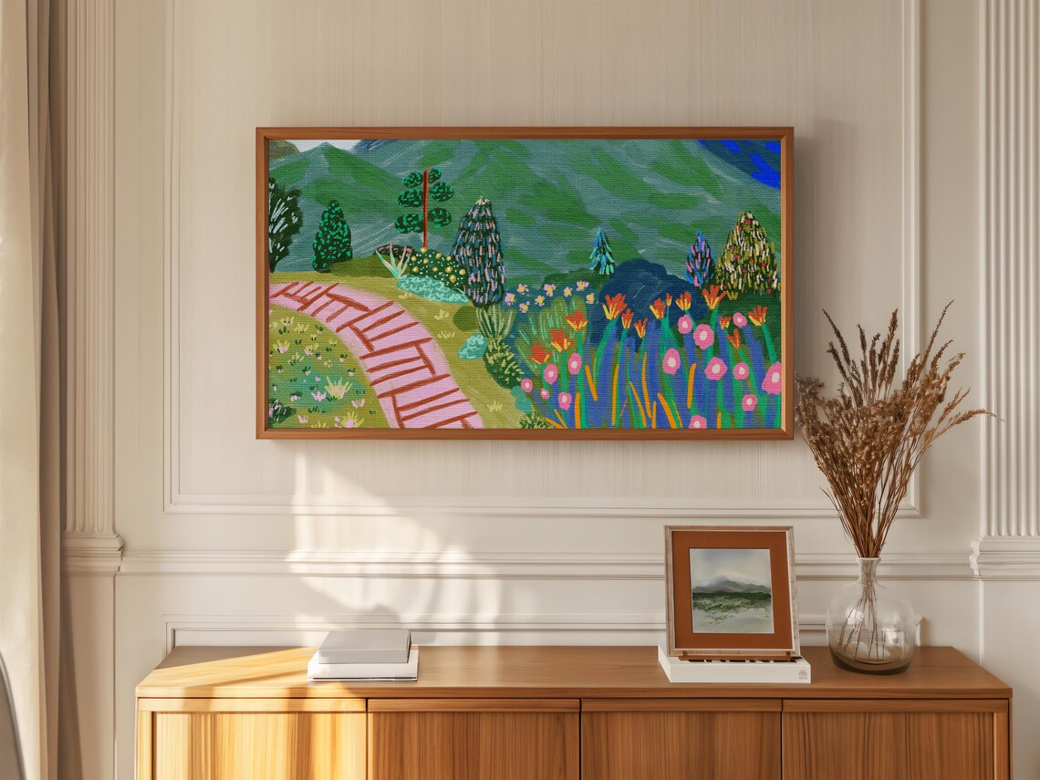 Colorful Summer Garden Winding Path Naive Landscape Art Poster