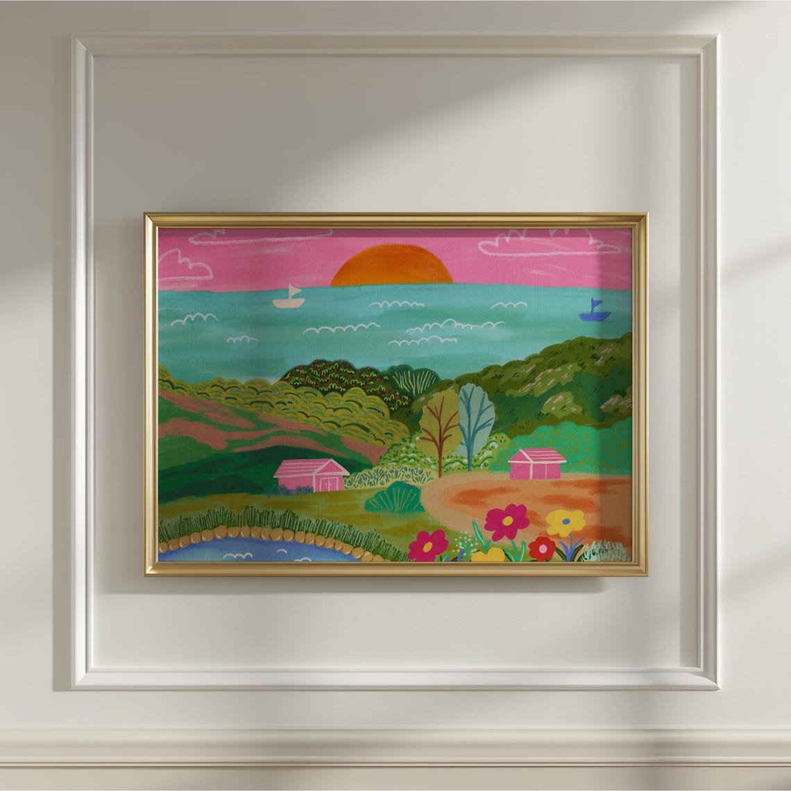 Pink Sunset Mountain Print Colorful Landscape Wall Art