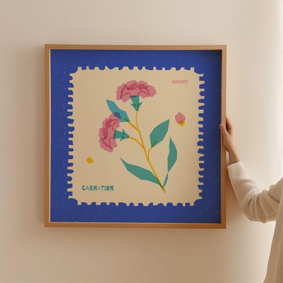 Carnation Flower Art Print Colorful January Birth Month Poster Wall Nursery Room Decor Gift For Her Mothers Day
