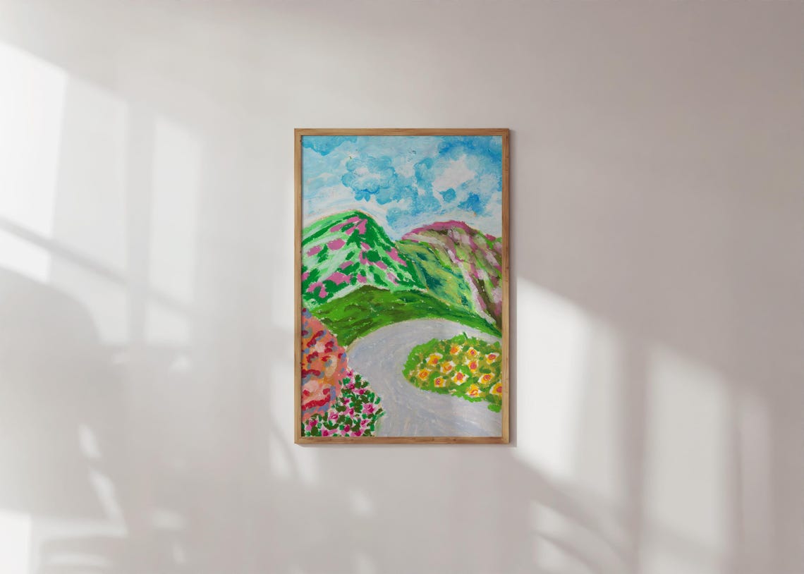 Colorful Mountain Landscape Art Print Oil Pastel Drawing