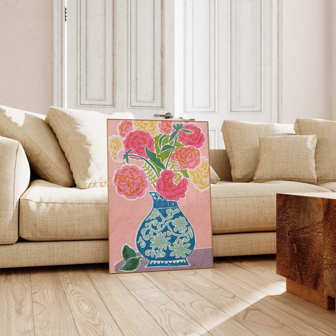 Peonies in Vase Art Print, Colorful Oil Pastel