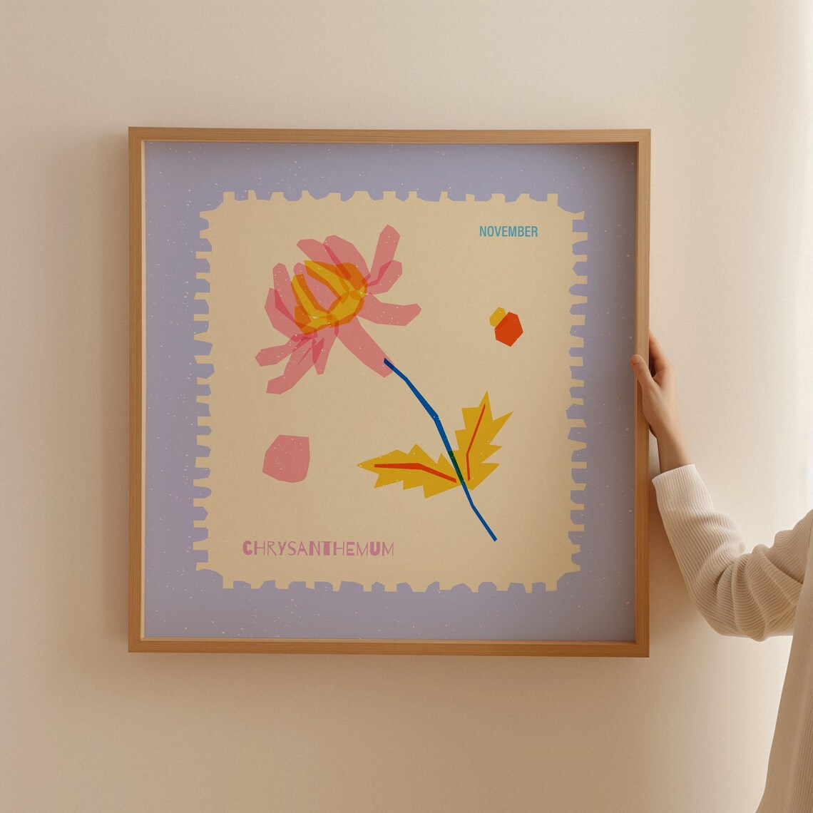 November Chrysanthemum Birth Flower Retro Stamp Floral Poster