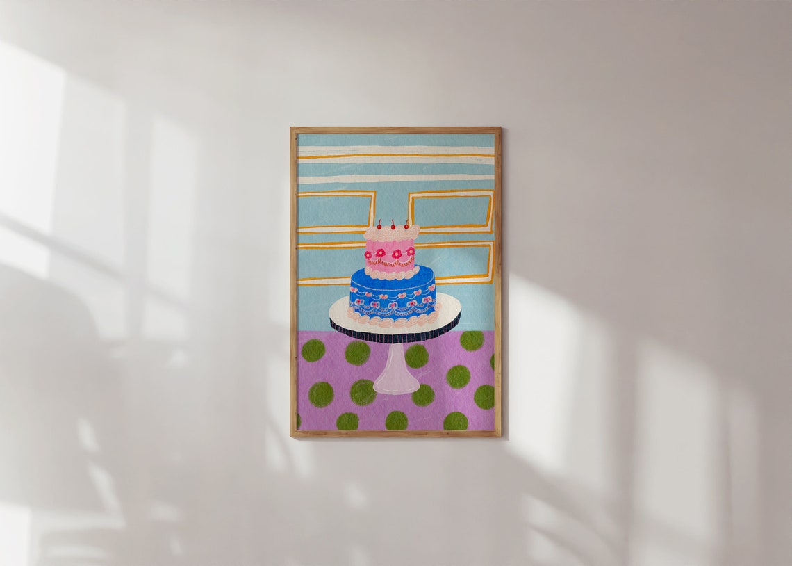 Colorful Birthday Cake Stand Illustration Playful Kitchen Decor Print