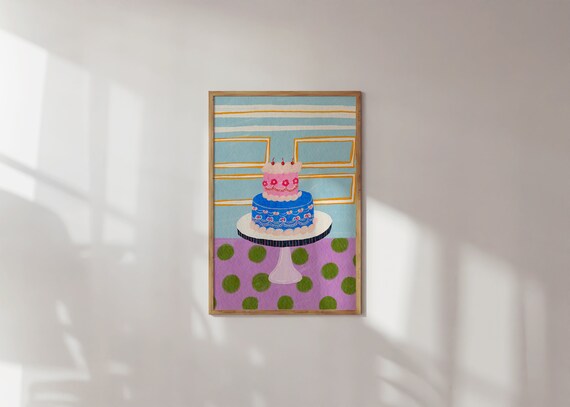 Colorful Birthday Cake Stand Illustration Playful Kitchen Decor Print