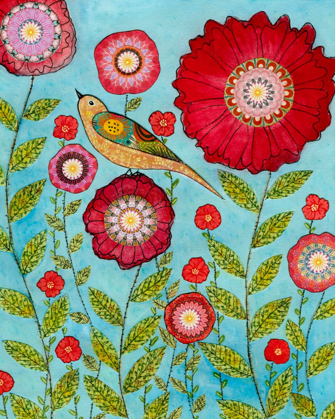 Flower Art Flower Art Print Red Flower And Bird Collage Painting Mixed Media Art Flower Collage Art Floral Art Art Print