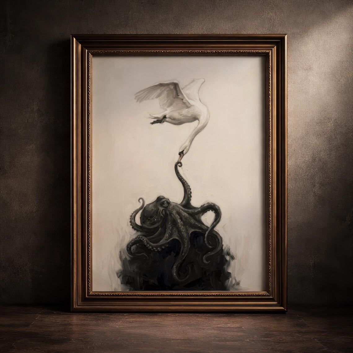 Octopus And Swan Surreal Dark Academia Moody Gothic Oil Art Poster