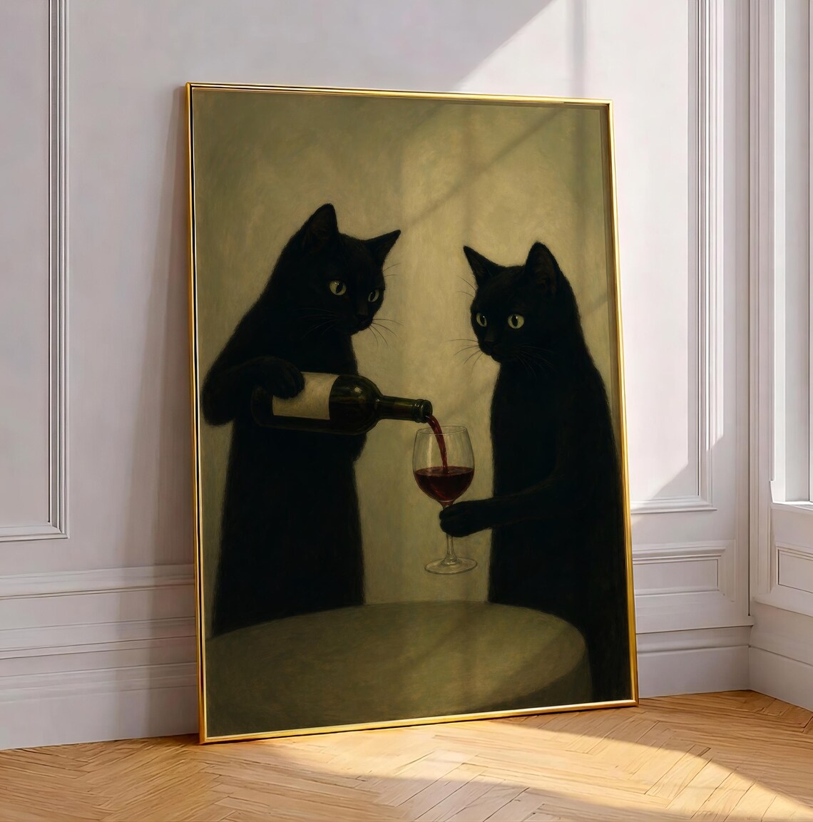Black Cats Wine Bar Art Print, Minimalist Cat Pair