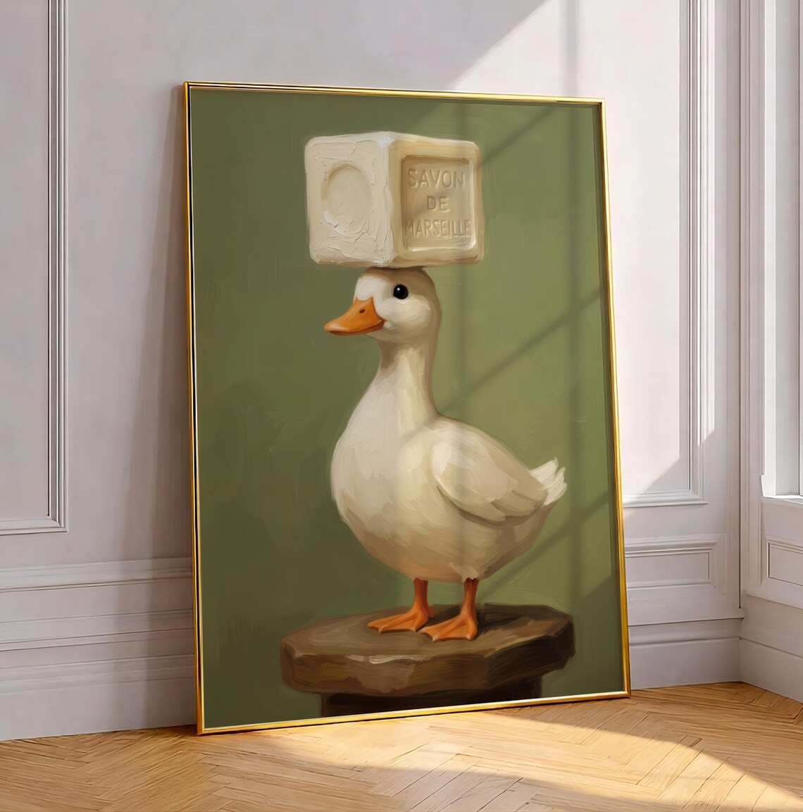Whimsical White Duck Balancing Savon de Marseille Soap Bar Bathroom Wall Art