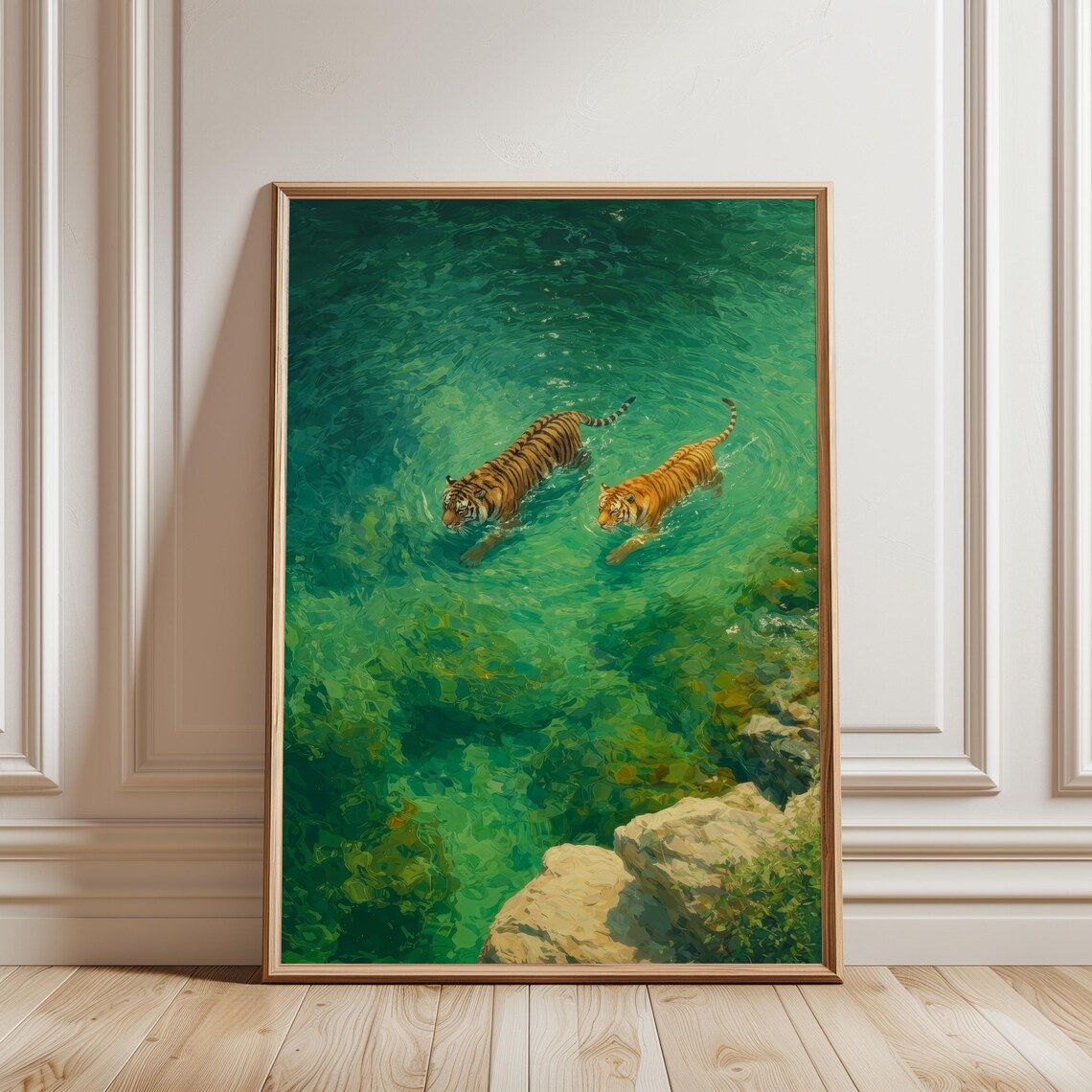 Swimming Tigers Vintage Jungle Wildlife, Travel Poster