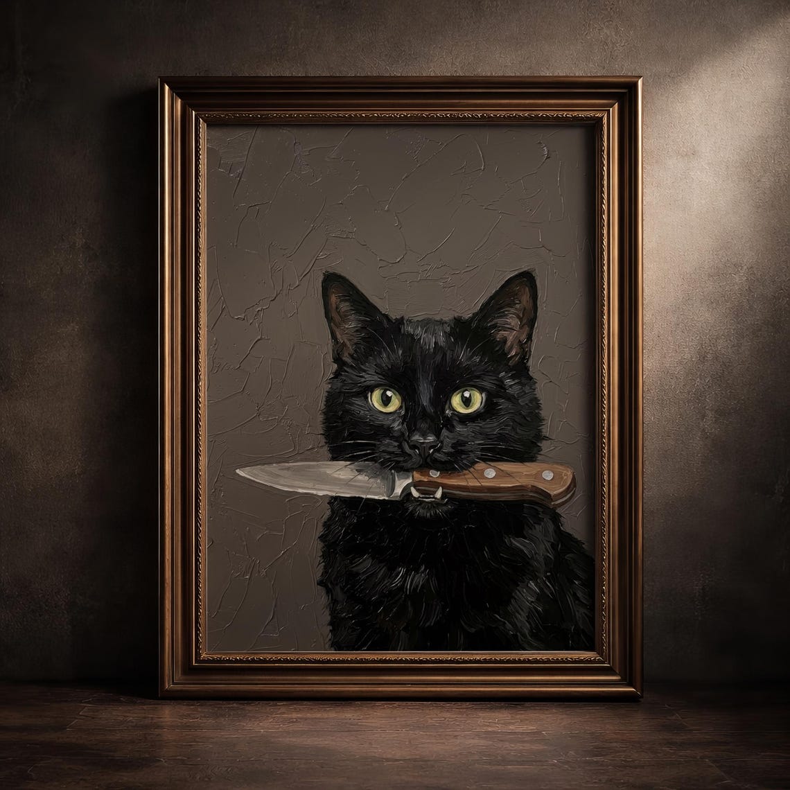 Black Cat With Knife Dark Academia Gothic Funny Cat Portrait Poster