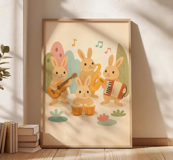 Rabbits Band Playing Instruments Art Print Playful Musical Bunny Poster For Kids Room Whimsical Dopamine Decor Nursery Or Baby Shower