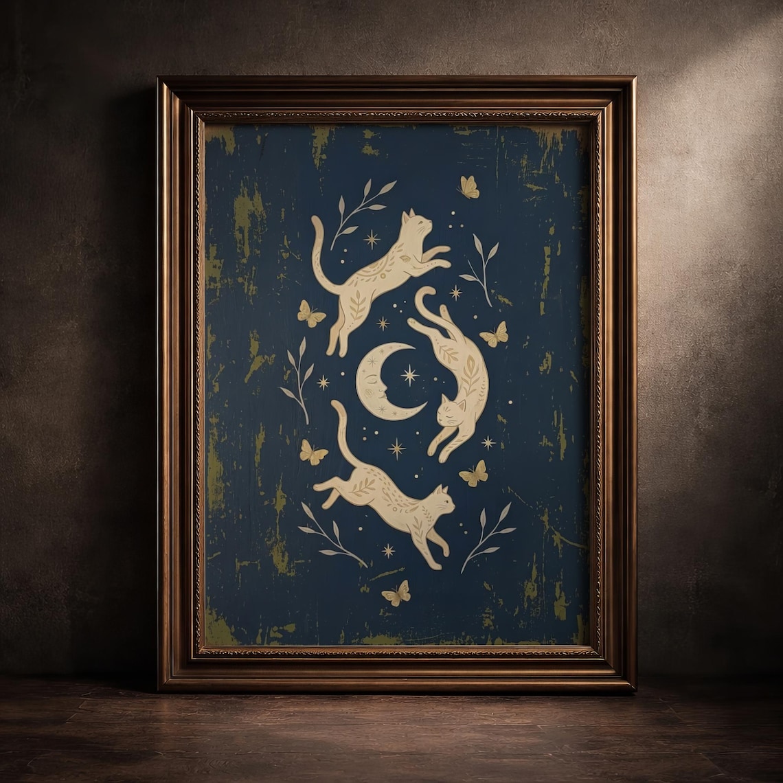 Moody Celestial Witchy Cats Vintage Moon And Stars Poster
