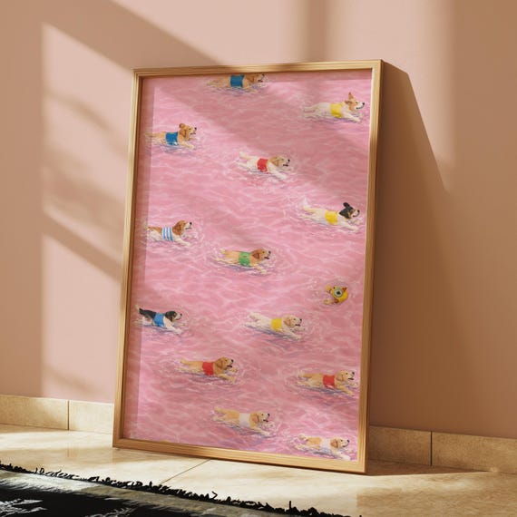 Tiny Dogs Swimming At Pool Print Minimalist Swimmers Pink Beach Painting Girly Summer Wall Art Aerial Nursery Decor Animal Poster