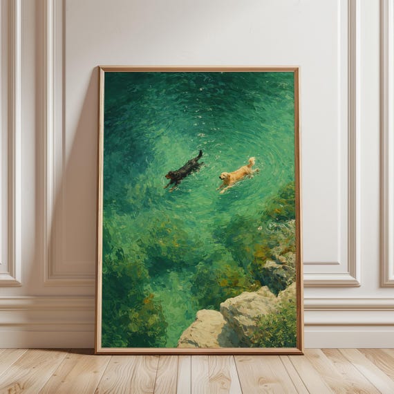 Dogs Swimming Green Abstract Printable Vintage Retro Animal Wall Art Summer Ocean Oil Painting Digital Download