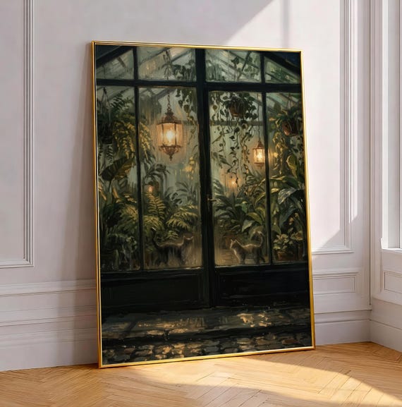 Moonlit Greenhouse Cats Window Art Print Cottagecore Cozy Painting Rainy Decor Whimsical Botanical Night Garden Poster