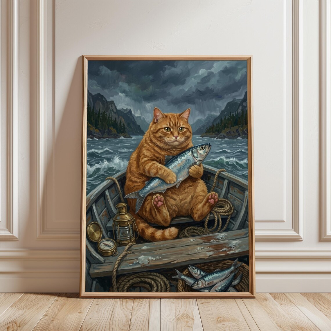 Orange Tabby Cat Fisherman Boat Catch Vintage Nautical Animal Poster