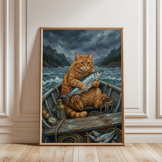 Orange Cat Fisherman Wall Art Printable Vintage Nautical Print Whimsical Tabby With Fish Cottagecore Animal Poster Digital Download