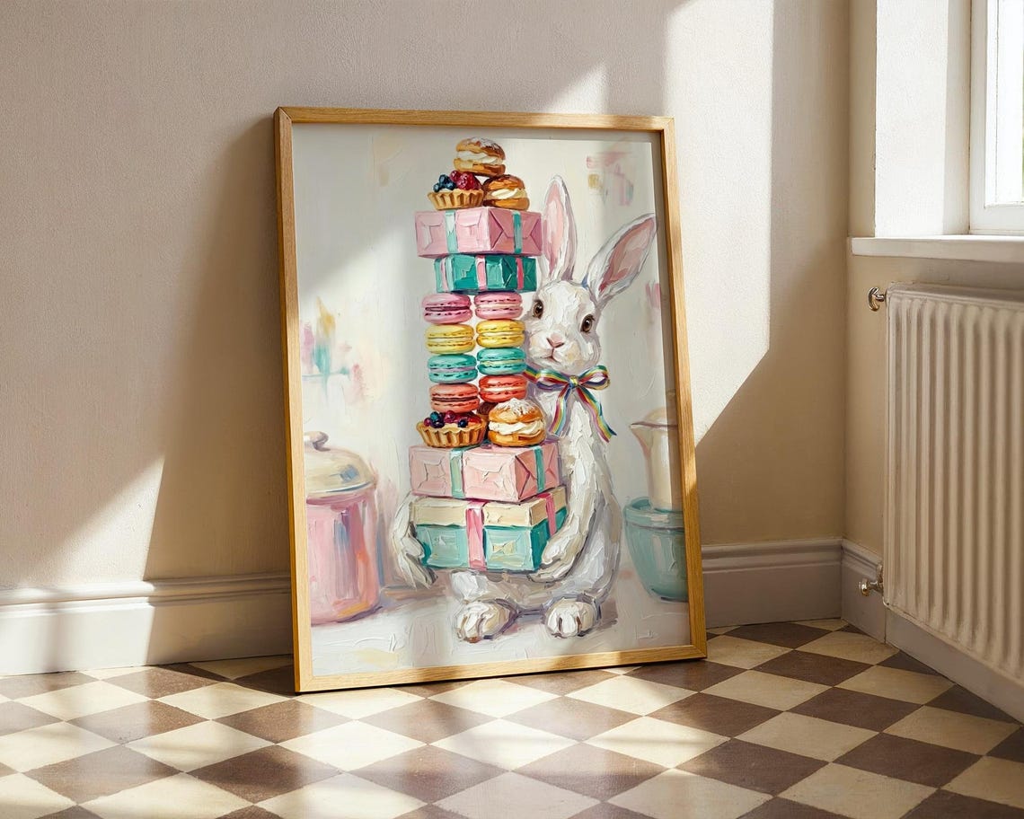 Bunny Holding Pastry Tower Poster Whimsical Bakery Animal Artwork