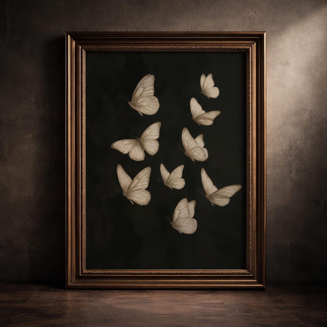 White Butterflies on Black Vintage Botanical Insect Study Poster