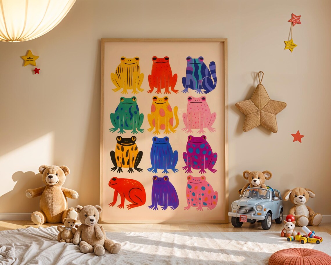 Colorful Frogs Poster Print, Kitsch Animal Pattern