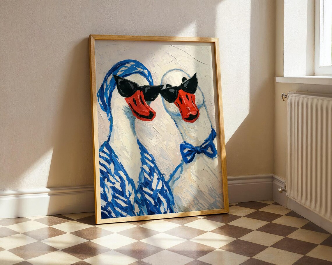 Silly Geese Wearing Sunglasses Funny Goose Duo Pop Art Whimsical Blue Poster